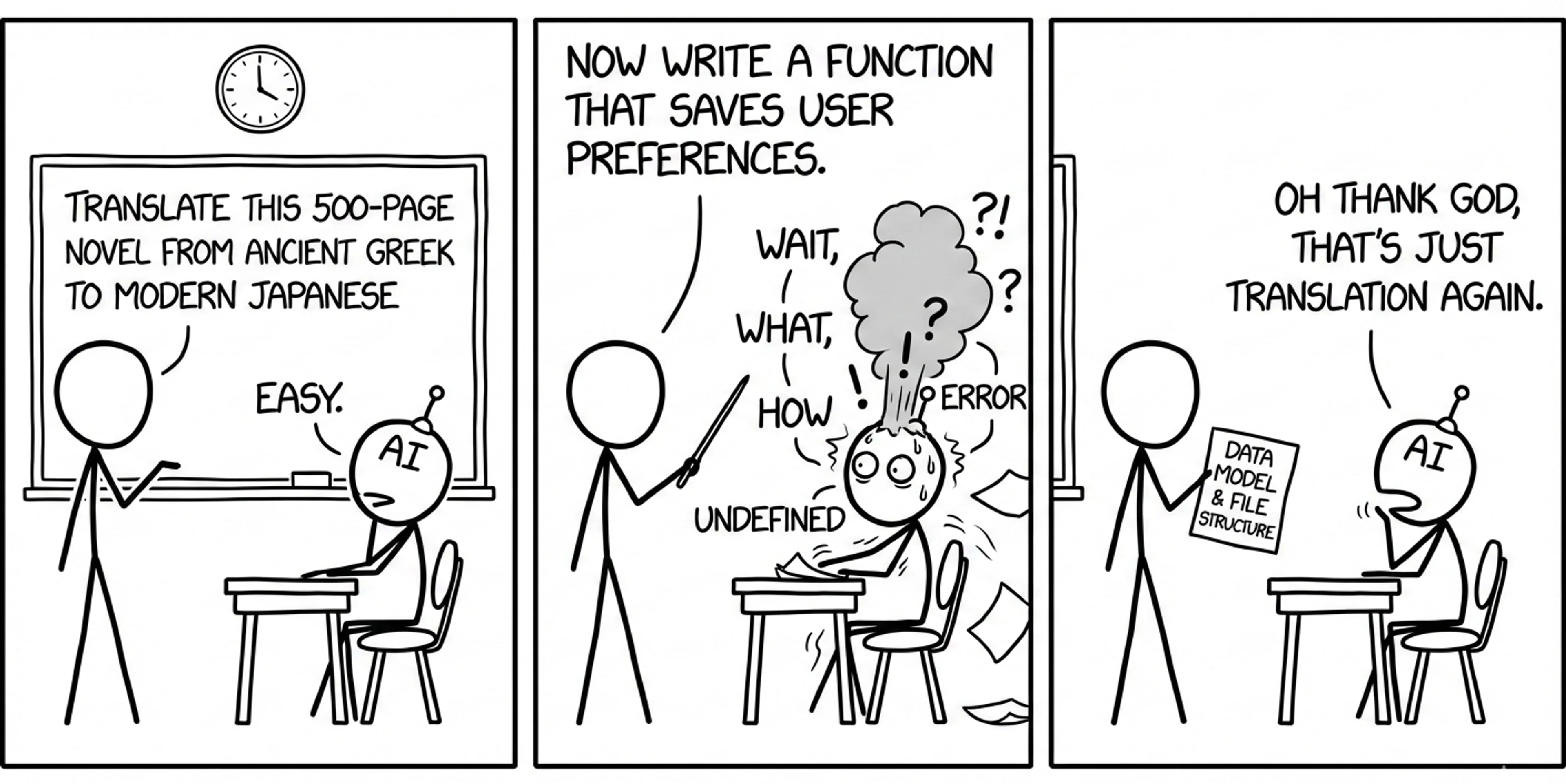 Trillions of parameters and it still needs you to do the hard part first. (Image credit: generated with AI in the style of xkcd)